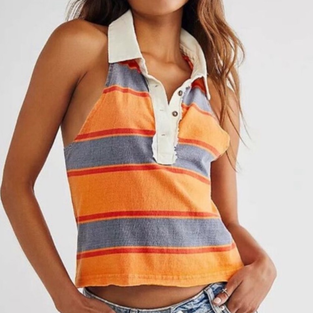 Free People Walking on Sunshine Tee Blouse Racerback Striped Button Tank Top